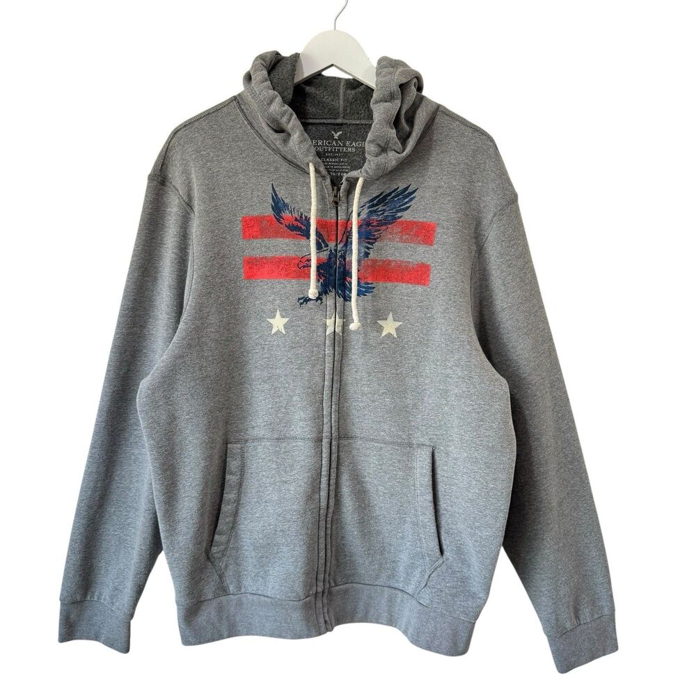 American Eagle Hoodie Mens XL Classic Fit Gray USA Hawk Patriotic Print Fleece